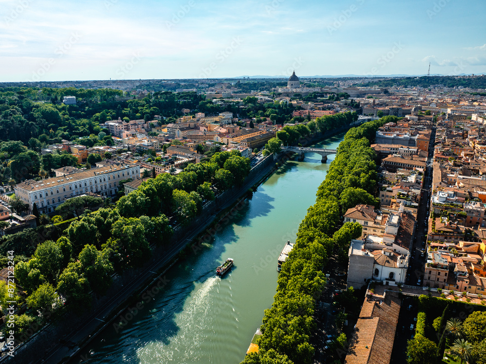 Fototapeta premium Aerial photo with drone over the Tiber River on the border with Trastevere in Rome Italy
