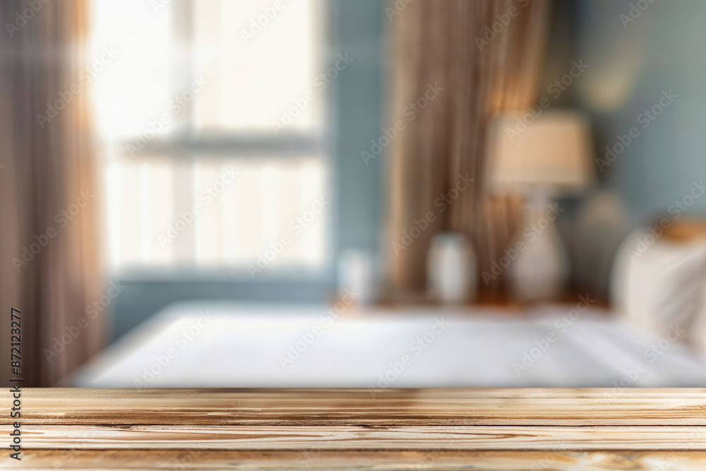Empty wooden table in a cozy bedroom and blue wall, perfect for product display. Ideal for showcasing products in a home setting Empty wooden table in a cozy bedroom and blue wall, perfect for product display. Ideal for showcasing products in a home setting