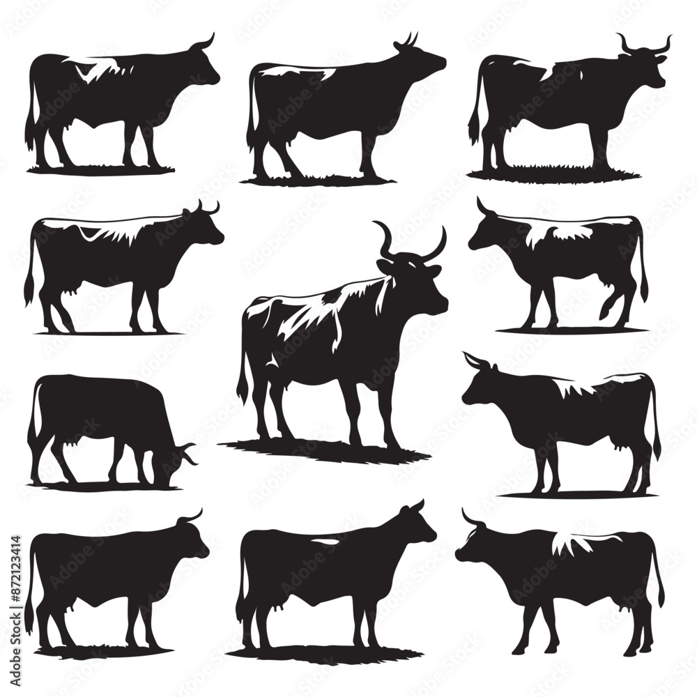 Set of cow silhouettes isolated on a white background, Vector illustration. Set of cow silhouettes isolated on a white background, Vector illustration.