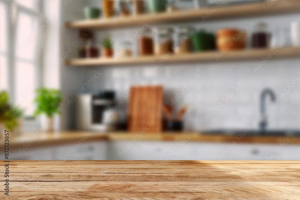 Empty wooden table against a blurred kitchen background, perfect for showcasing products. Rustic charm with natural wood texture. Versatile mockup template for food or cooking essentials Empty wooden table against a blurred kitchen background, perfect for showcasing products. Rustic charm with natural wood texture. Versatile mockup template for food or cooking essentials