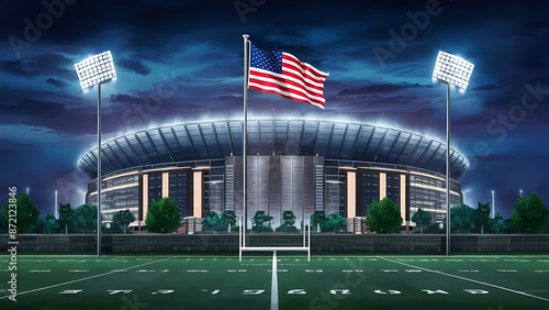 USA football stadium exterior at night.