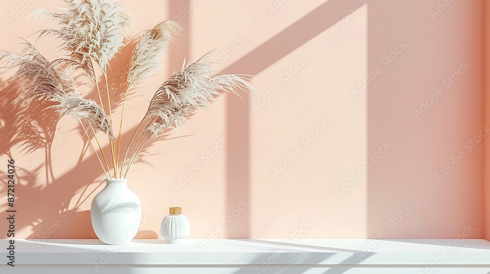 Soft peach wall with white window sill, boho vase and grasses, minimalist product mockup, shallow depth of field. Soft peach wall with white window sill, boho vase and grasses, minimalist product mockup, shallow depth of field.