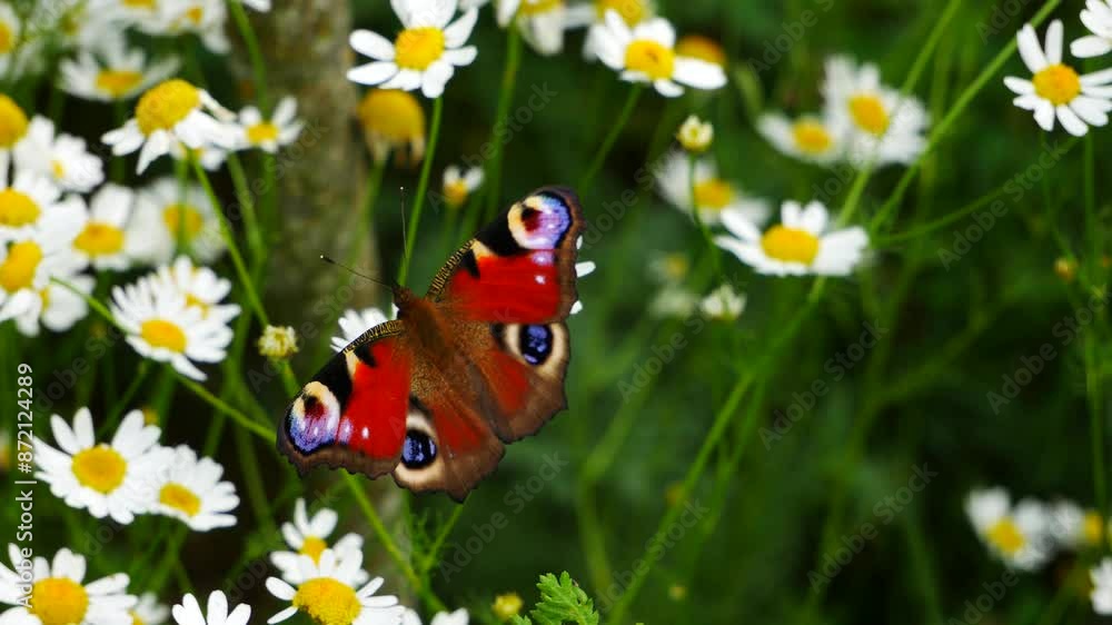 Aglais io sways on chamomile flowers. Aglais io sways on chamomile flowers.