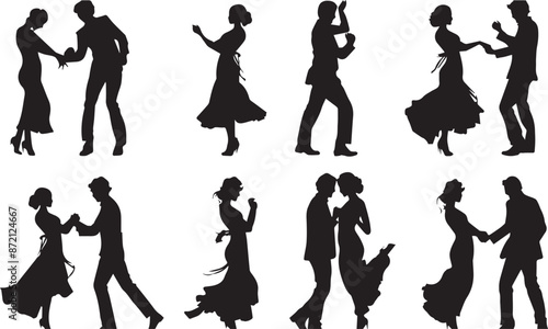 Young couples dancing black silhouette 