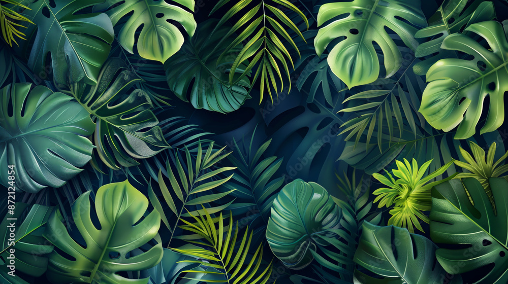 A lush green jungle with many leaves and vines A lush green jungle with many leaves and vines