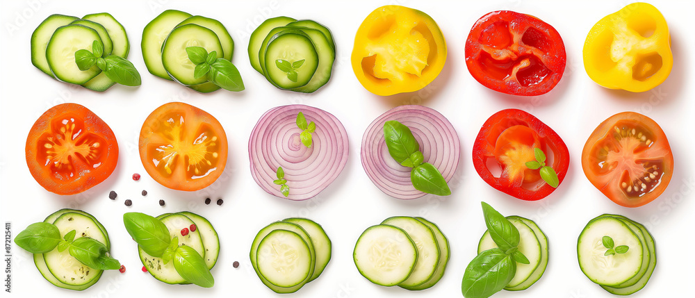 Fresh slices of assorted vegetables and herbs on a white background. Generative AI Fresh slices of assorted vegetables and herbs on a white background. Generative AI
