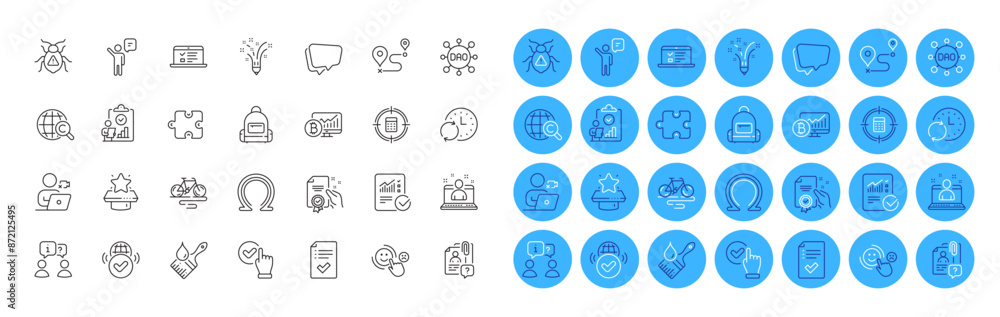 Puzzle, Inspect and Approved checklist line icons pack. Bike, Inspiration, Best manager web icon. Brush, Interview, Video conference pictogram. Search employee, Checked calculation, Agent. Vector Puzzle, Inspect and Approved checklist line icons pack. Bike, Inspiration, Best manager web icon. Brush, Interview, Video conference pictogram. Search employee, Checked calculation, Agent. Vector