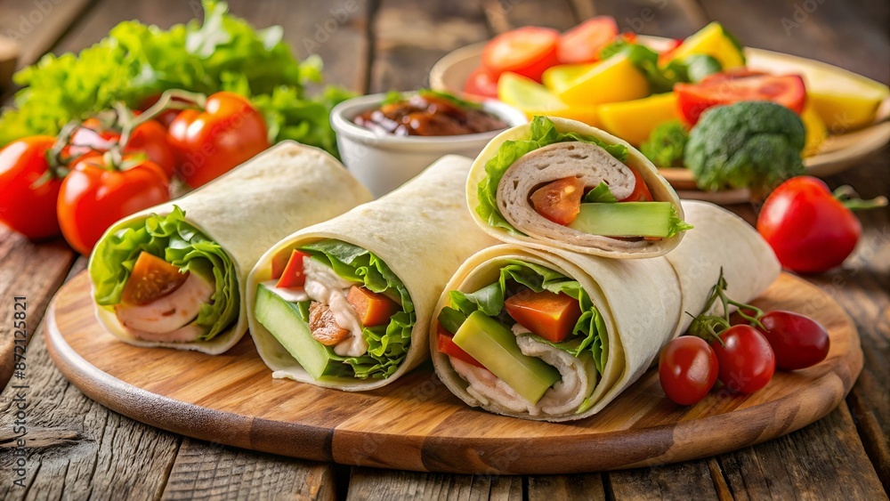 Turkey wraps with avocado, tomatoes and iceberg lettuce on chopping board. Tortilla, burritos, sandwiches, twisted rolls Turkey wraps with avocado, tomatoes and iceberg lettuce on chopping board. Tortilla, burritos, sandwiches, twisted rolls