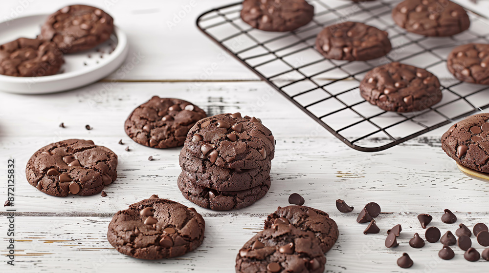 A tray of chocolate cookies sits on a table with a white plate A tray of chocolate cookies sits on a table with a white plate