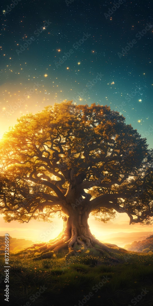 Fototapeta premium Majestic oak tree is standing on top of a hill with its roots spread out on the ground, illuminated by the magical glow of the stars shining bright in the night sky