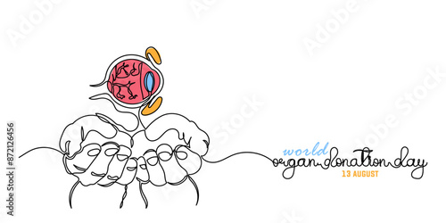 World Organ Donation Day with eye for Transplantation, line art Hand holding human realistic liver, heart, kidneys, lungs. World Organ Donation Day is on the 13th of August. template Design