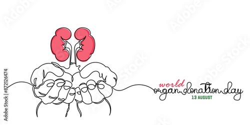 World Organ Donation Day with kidneys for Transplantation, line art Hand holding human realistic liver, heart, kidneys, lungs. World Organ Donation Day is on the 13th of August. template Design