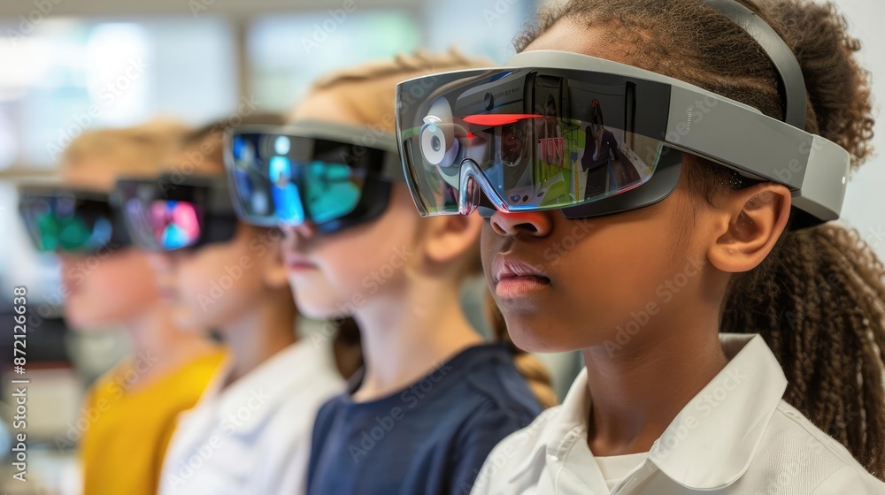 Group of children wearing augmented reality glasses in a lab, AR learning tools, tech in education Group of children wearing augmented reality glasses in a lab, AR learning tools, tech in education