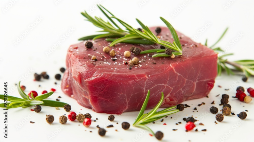 Raw beef steak with rosemary and peppercorns on white background Raw beef steak with rosemary and peppercorns on white background