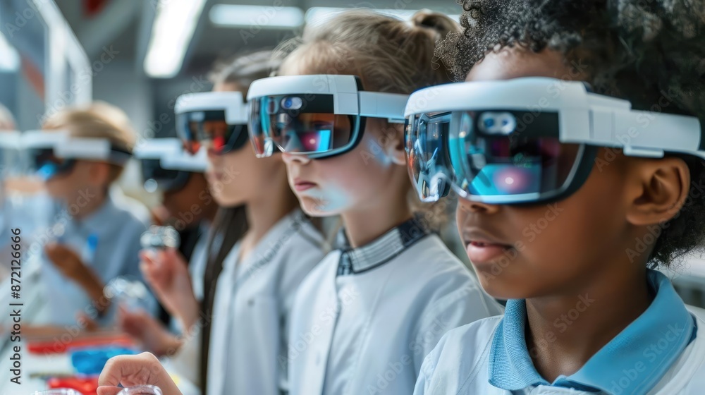 Group of children wearing augmented reality glasses in a lab, AR learning tools, tech in education Group of children wearing augmented reality glasses in a lab, AR learning tools, tech in education