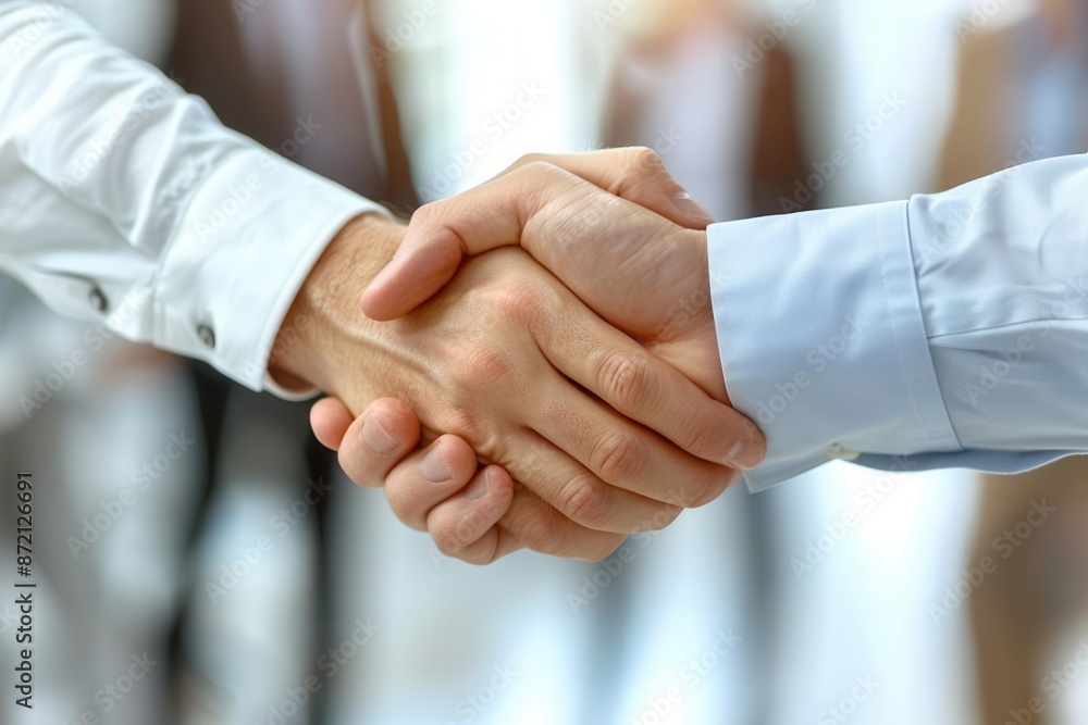 Two business people shaking hands over blurred background. Two business people shaking hands over blurred background.