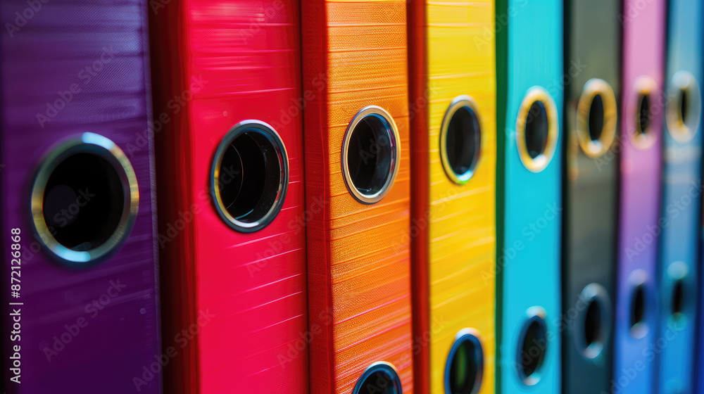 Row of Vibrant Office Ring Binders with a Standout Black Binder for A4 Documents Row of Vibrant Office Ring Binders with a Standout Black Binder for A4 Documents