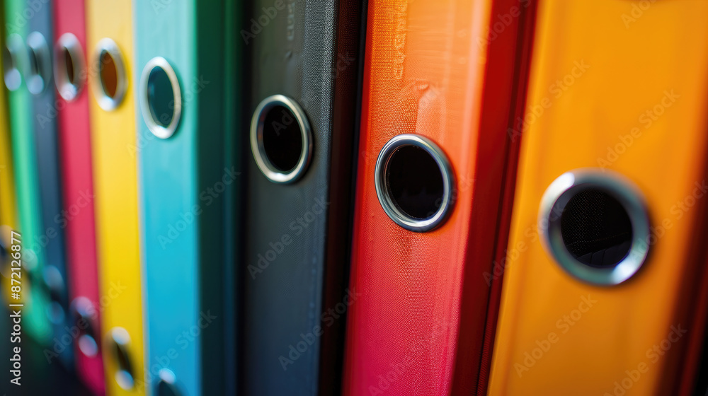 Row of Vibrant Office Ring Binders with a Standout Black Binder for A4 Documents