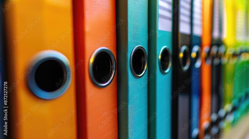 Row of Vibrant Office Ring Binders with a Standout Black Binder for A4 Documents Row of Vibrant Office Ring Binders with a Standout Black Binder for A4 Documents