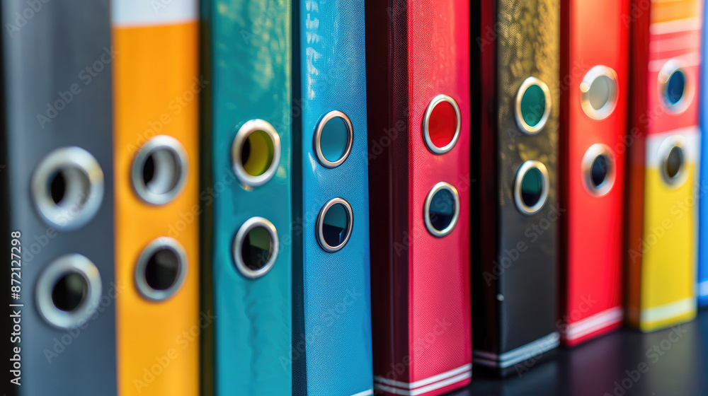 Row of Vibrant Office Ring Binders with a Standout Black Binder for A4 Documents Row of Vibrant Office Ring Binders with a Standout Black Binder for A4 Documents