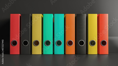 Row of Vibrant Office Ring Binders with a Standout Black Binder for A4 Documents