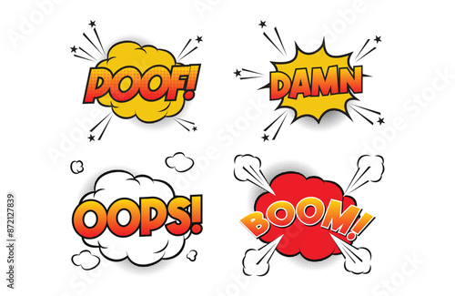 set collection funny cartoon comic vector poof speech bubble poof, damn, oops, boom
