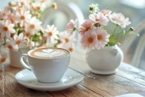 Wallpaper Mural Latte Art Coffee with Fresh Daisies Torontodigital.ca
