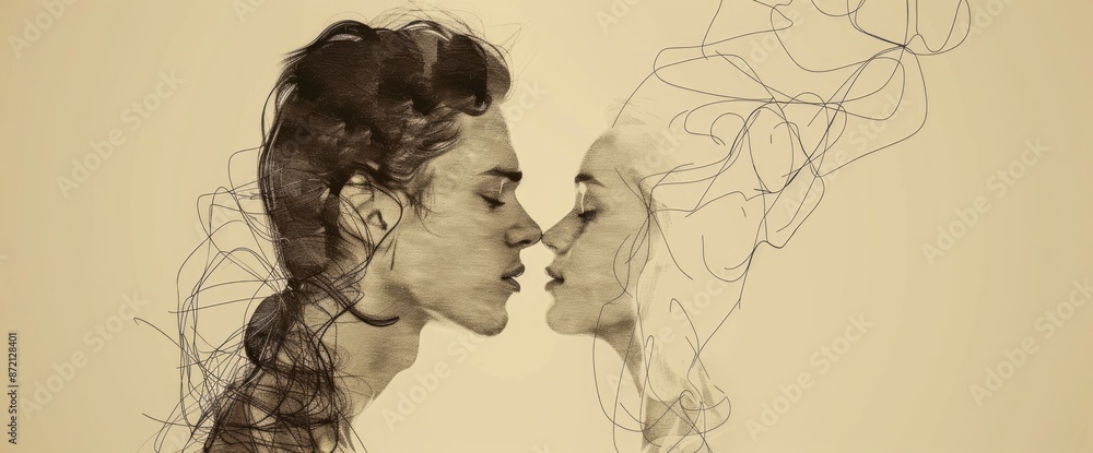 Two People, A Man And A Woman, Intertwined With A Line Drawing Of A ...