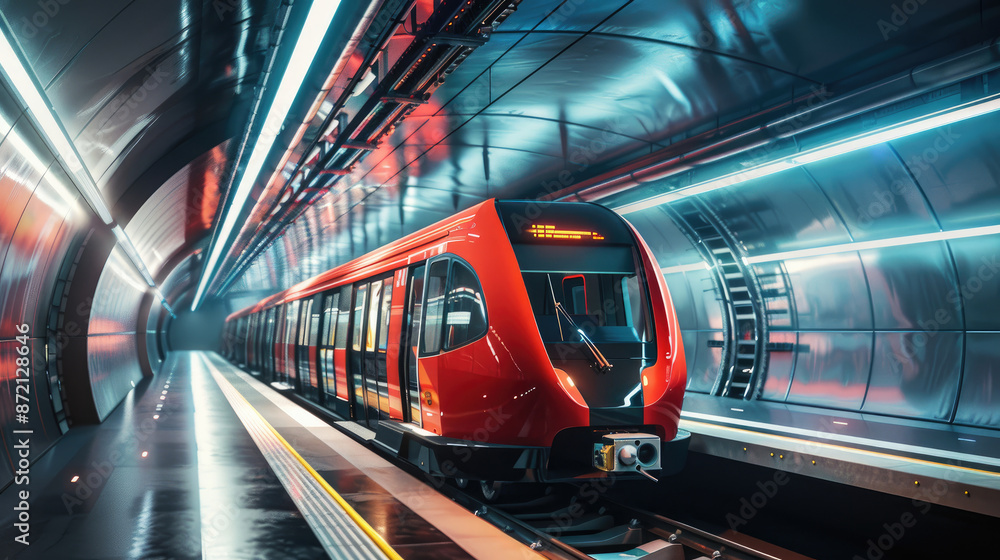 Sleek Red Metro Train in Modern Underground Terminal Sleek Red Metro Train in Modern Underground Terminal
