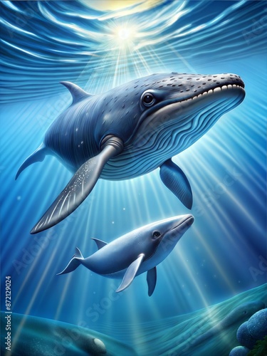  The image features a mother and baby blue whale swimming in the ocean. The sun is shining brightly, creating a beautiful and serene atmosphere Generate AI
