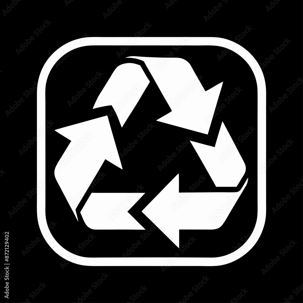 White recycling symbol with three arrows in a square on black background White recycling symbol with three arrows in a square on black background