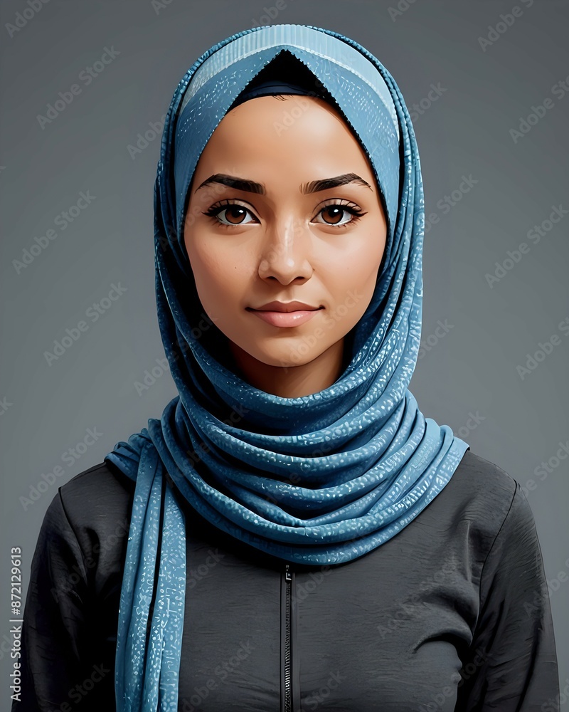 Naklejka premium Portrait of a woman wearing a blue hijab with a light blue pattern.