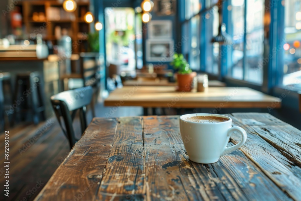 Cozy café interior with coffee cup on wooden table Cozy café interior with coffee cup on wooden table