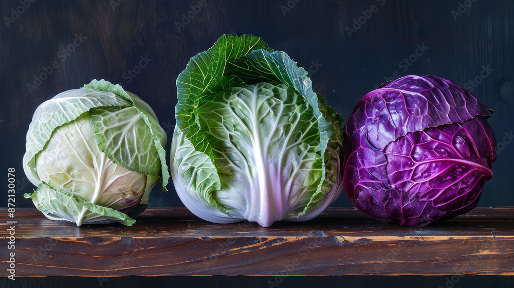 Obraz premium Three different colored cabbage heads are displayed on a wooden shelf