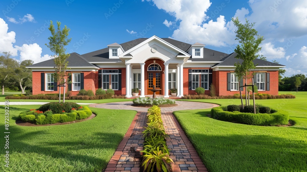Classic front design of a Colonial-style home with red brick walls, white columns, and a well-manicured lawn with a central walkway. Classic front design of a Colonial-style home with red brick walls, white columns, and a well-manicured lawn with a central walkway.