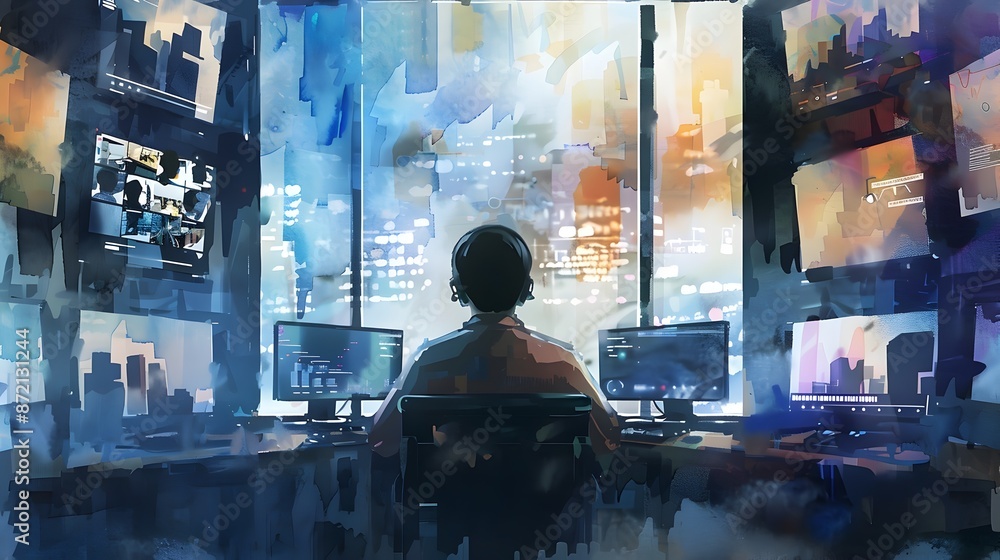 Watercolor Visualization of Smart Home Automation and Virtual Meeting Watercolor Visualization of Smart Home Automation and Virtual Meeting