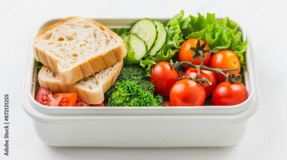Fresh Healthy Vegetarian Lunch Box with Tomatoes, Cucumbers, Broccoli, and Bread Fresh Healthy Vegetarian Lunch Box with Tomatoes, Cucumbers, Broccoli, and Bread