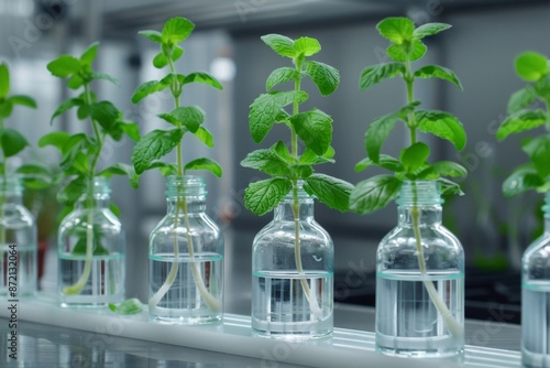 Sustainable Laboratory-Grown Mint Plantlings Thriving in Biotech Glassware photo