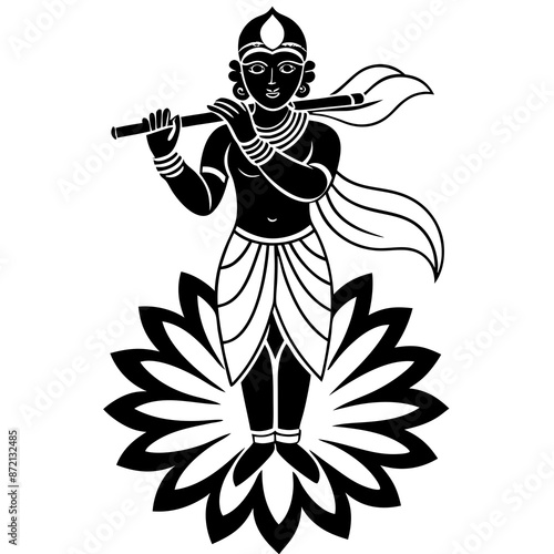 A beautiful illustration of Lord Krishna playing the flute standing on a lotus flower photo