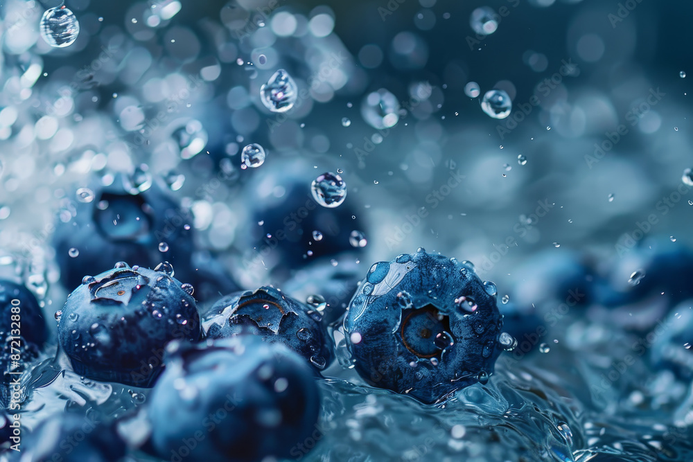 A close up of blueberries in water with droplets of water surrounding them A close up of blueberries in water with droplets of water surrounding them