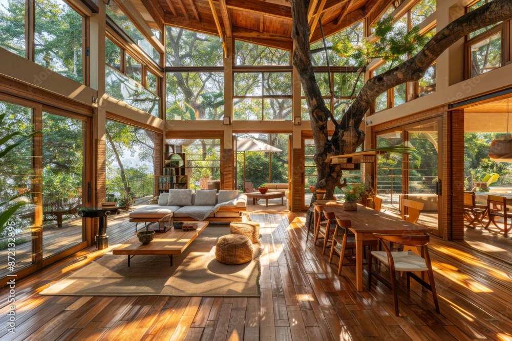 Modern treehouse living room with floor-to-ceiling windows and wooden interiors Modern treehouse living room with floor-to-ceiling windows and wooden interiors