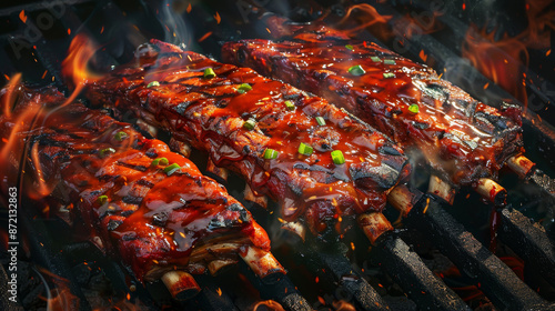 Three ribs are being cooked on a grill, with a sauce dripping down the sides