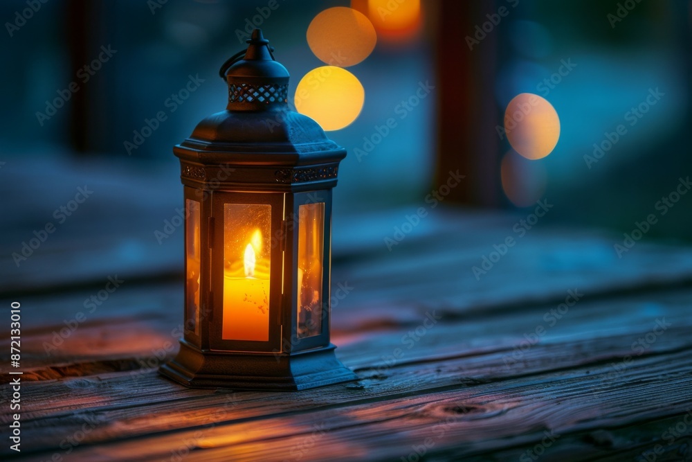 Lantern on Wooden Table in Ambient Light Lantern on Wooden Table in Ambient Light