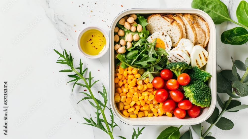 Healthy Vegetarian Lunch Box with Chickpeas, Eggs, Corn, and Fresh Vegetables on White Background Healthy Vegetarian Lunch Box with Chickpeas, Eggs, Corn, and Fresh Vegetables on White Background