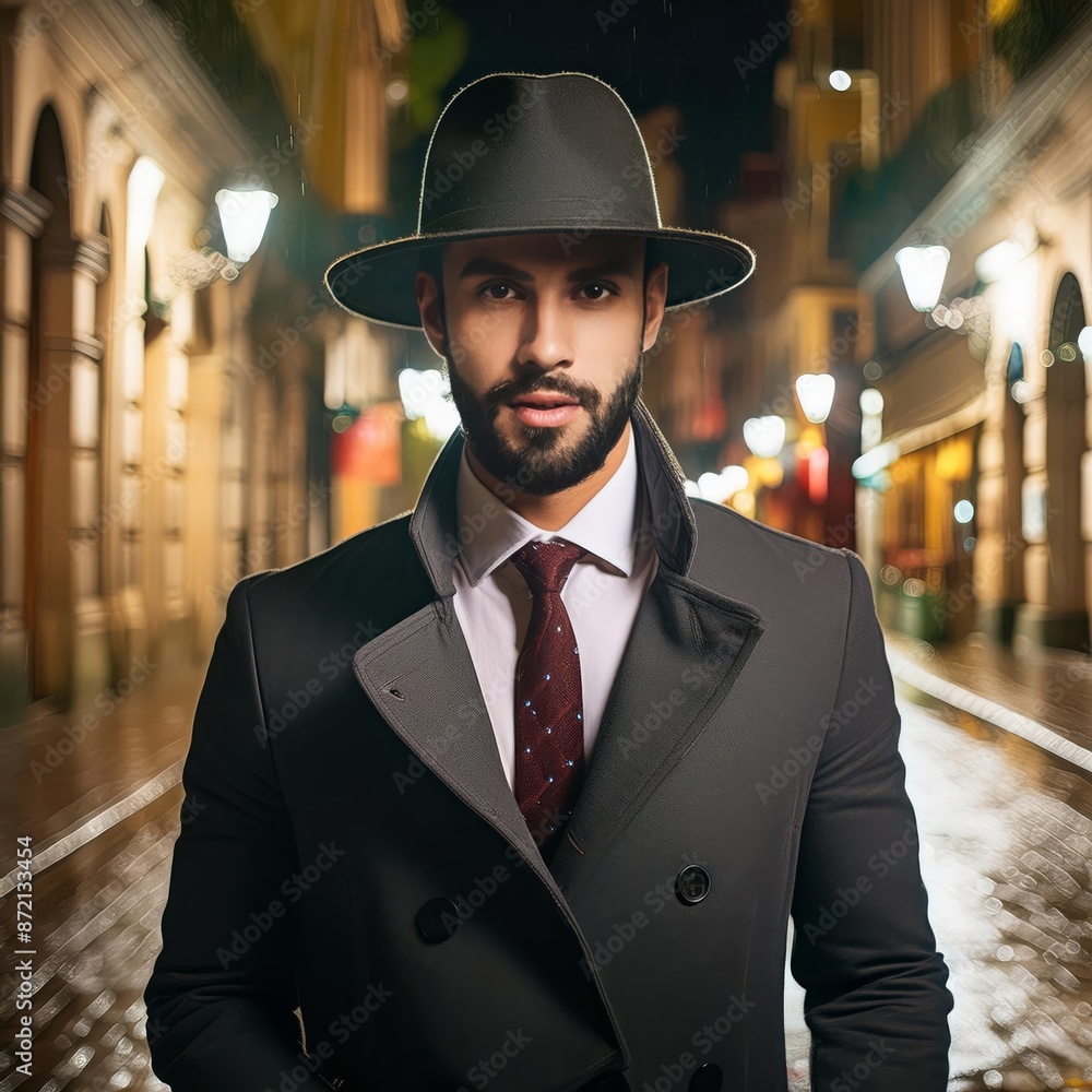 A man in a Fedora and blazer stands in the rain, collar up and sleeves wet. His cool demeanor contrasts with the dreary weather A man in a Fedora and blazer stands in the rain, collar up and sleeves wet. His cool demeanor contrasts with the dreary weather