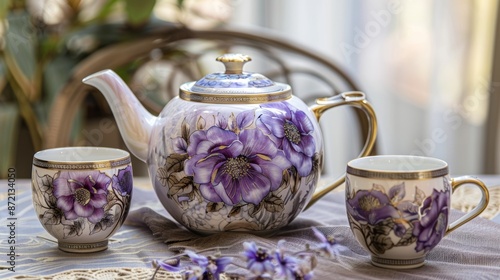 A porcelain teapot with a unique shape resembling a blooming flower and adorned with handpainted purple and gold details accompanied by two cups with a coordinating design. photo