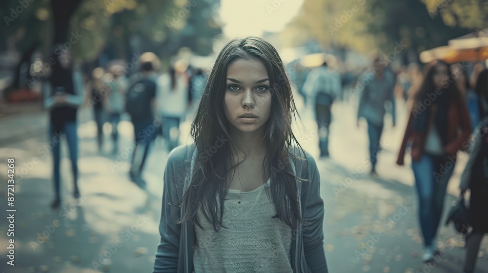 Girl with Social Anxiety Disorder in Busy Crowd. Girl with Social Anxiety Disorder in Busy Crowd.