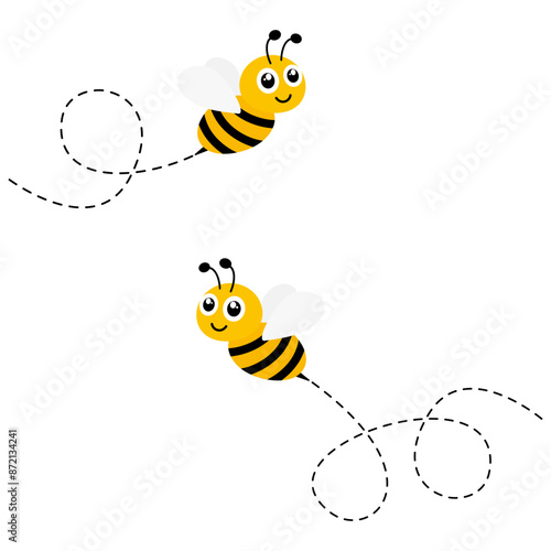 Happy bee with big eyes set. Bee flying on dotted route group. Vector illustration isolated on white background.