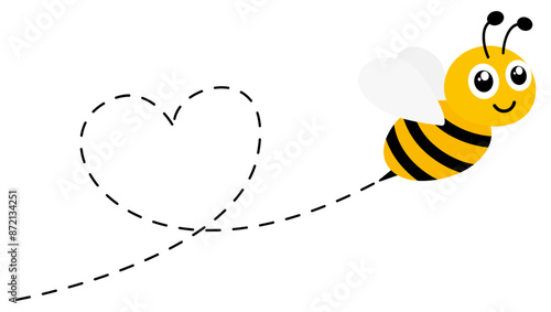 Cute happy bee with heart shape. Bee flying on dotted route. Vector illustration isolated on white background.
