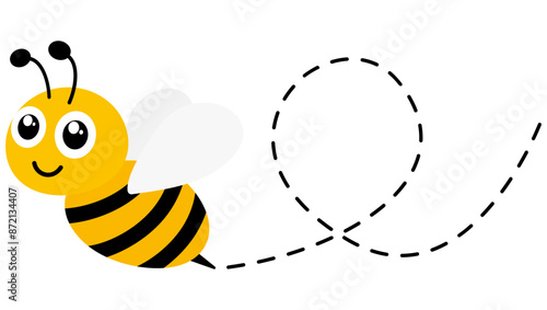 Cute happy bee with big eyes. Bee flying on dotted route. Vector illustration isolated on white background.